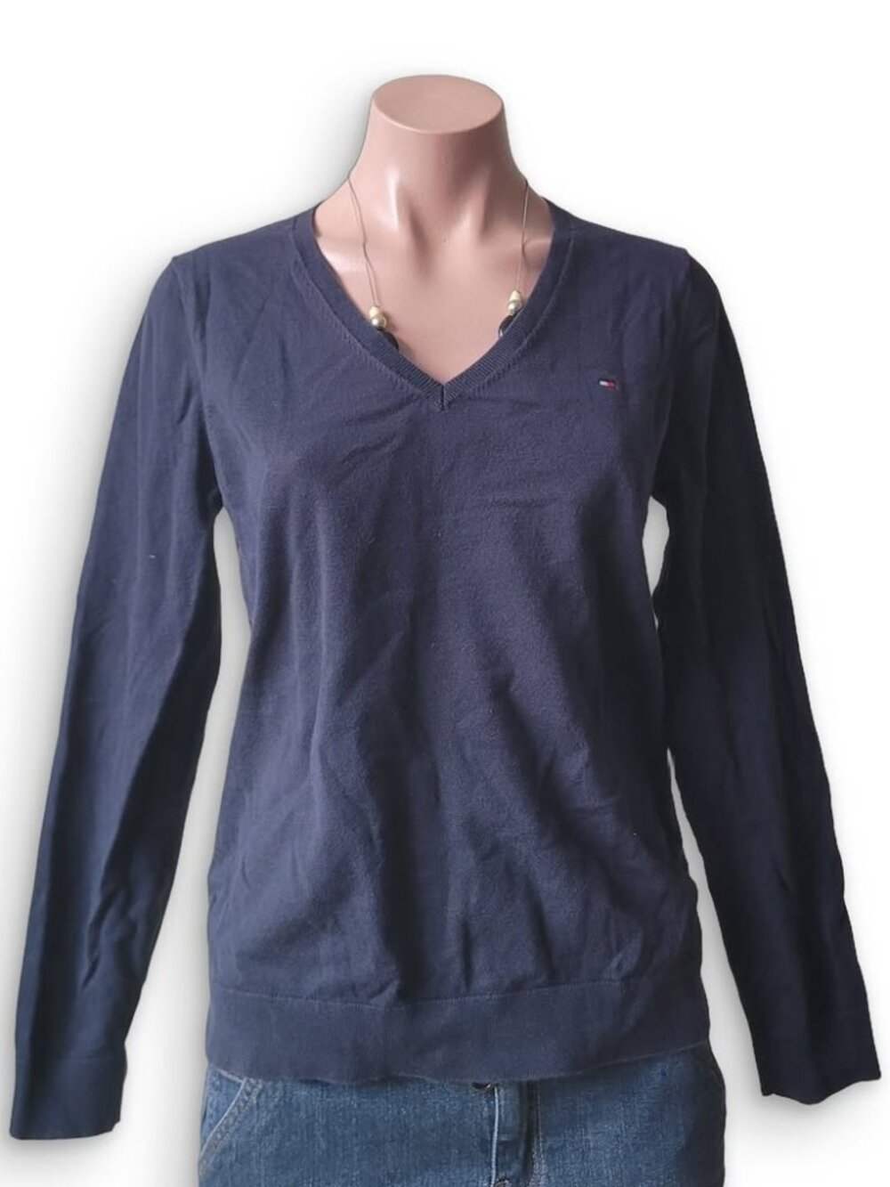 Tommy Hilfiger Navy Blue V-Neck Slim Fit Cotton Knit Top (S)